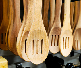 
Wooden spoons, wooden tableware close-up

