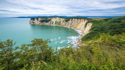 Fototapeta premium Coastal cliffs meet turquoise water, lush greenery. Ocean view, scenic landscape