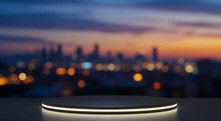 Black round podium display stand with glowing white light edge against blurred night city skyline bokeh background. Empty illuminated stage modern showcase.