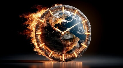 Fiery Clock Concept Symbolizing Time and Environmental Urgency on Planet Earth with Dramatic Flames and Clock Face Representation