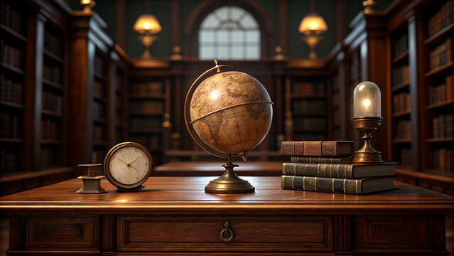 Vintage library desk with antique globe and old books. Created with Ai - Powered by Adobe