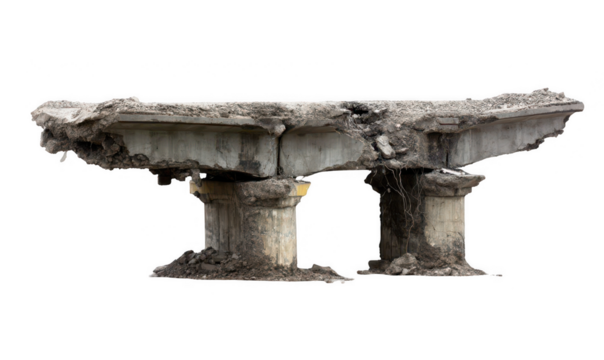 a destroyed concrete bridge, isolated on a white background, png