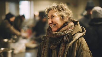 A smiling middle-aged homeless woman with blond hair, wearing a shabby scarf and an old coat, stands in a soup kitchen.