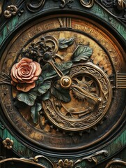 Obraz premium Ornate clock face with floral embellishments and intricate gear mechanisms.