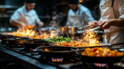 Chefs skillfully prepare colorful meals in a lively kitchen, showcasing flames and fresh produce in action