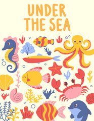 Vertical marine poster, template, banner with hand drawn marine animals, fish, plants