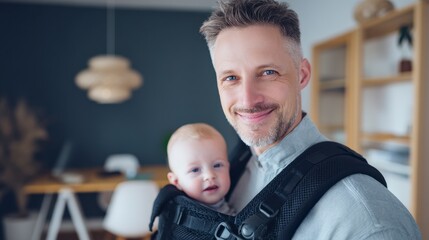 Young smiling man with a happy baby in a front carrier, both looking at the camera.