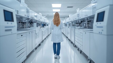 Scientist in a white lab coat walks through a high-tech laboratory filled with advanced equipment, focusing on research