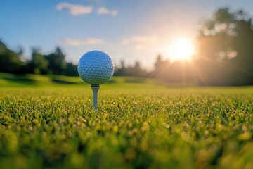 A golf ball is resting on a tee in the grass on a golf course