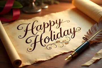 Elegant Holiday Wishes, A Scroll with Festive Text and a Quill Pen for a Heartwarming Season's Greetings and Joyful Celebrations