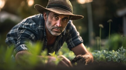 Middle-aged  man with gray hair and beard, wearing a straw hat and plaid shirt, gardening in a lush green field during sunset.
