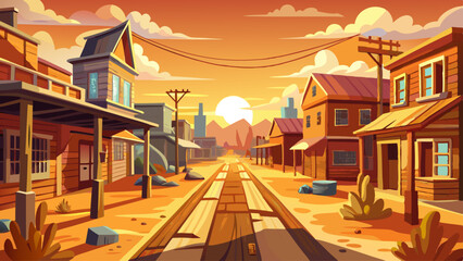 Naklejka premium Abandoned Western town street with dusty road and wooden buildings in the late afternoon