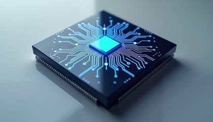 Glowing microchip on circuit board, blue futuristic technology