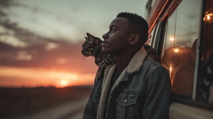 A young African man with short hair stands beside a van, gazing at a sunset. A cat rests on his shoulder