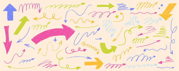 Arrow bold sketch with texture crayon chalk. Scribble hand drawn set arrow and underline. Underline crayon chalk set, Vector illustration