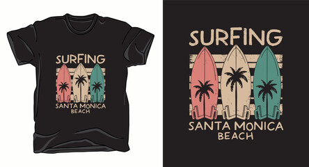 Surfing santa monica beach summer collection graphic vector t-shirt design