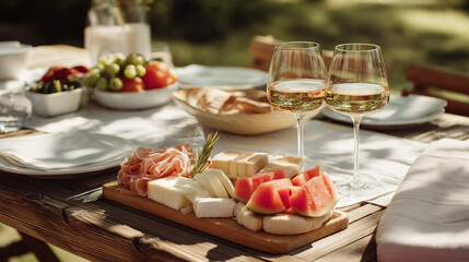 Outdoor summer picnic with wine cheese and charcuterie board perfect for entertaining friends and family