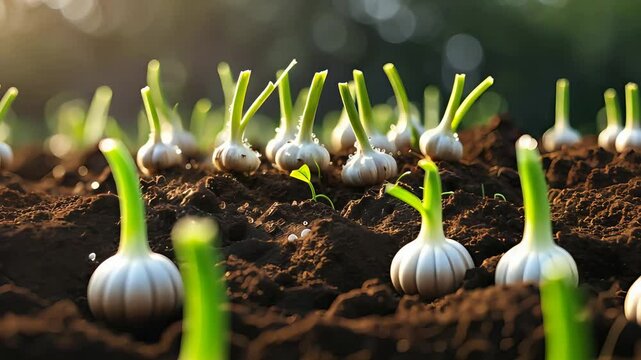 Closeup of garlic bulbs sprouting green shoots in rich brown soil under warm sunlight in a garden or organic vegetable farm during early growth

