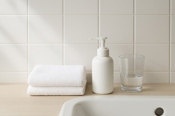 Fototapeta premium Morning Bathroom Setup with Towel, Dispenser and Glass