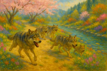 A group of wolves running through the nature of cherry blossom flowers.Generative AI