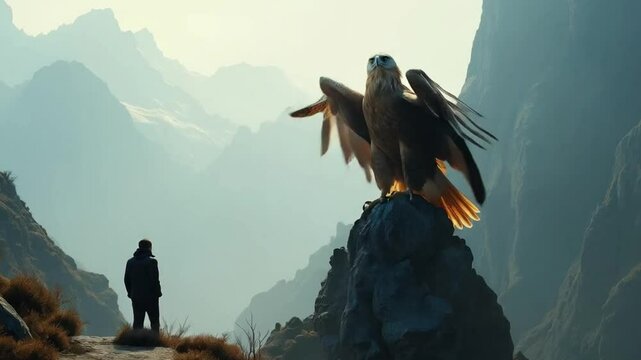 wide shot Eagle in the Mountains: A giant eagle and an explorer