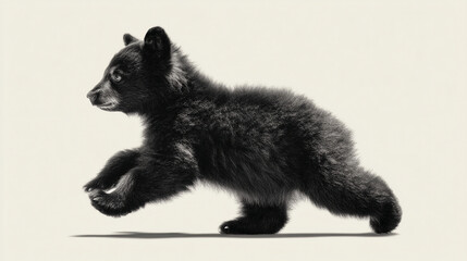 Obraz premium Black bear cub, monochrome image, running pose, soft fur texture, wildlife, nature, wild animal, symbolizing freedom, wilderness