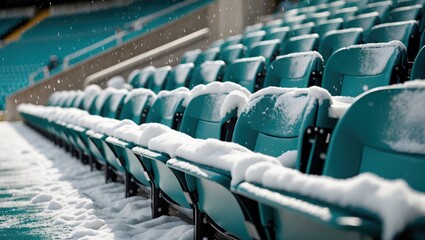 Snow-covered stadium seats blanketed in white, creating a contrasting scene with turquoise seats and a dark stadium background.