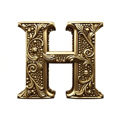 A regal golden letter H, ornate and elegant, boasting intricate baroque flourishes and a three-dimensional texture against a clean white backdrop.