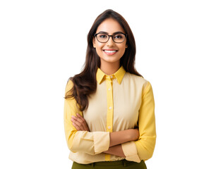 happy young indian business woman smiling isolated on white or transparent png