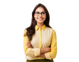happy young indian business woman smiling isolated on white or transparent png
