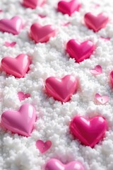 Obraz premium Colorful heart balloons scattered on a snowy white surface, pink, white