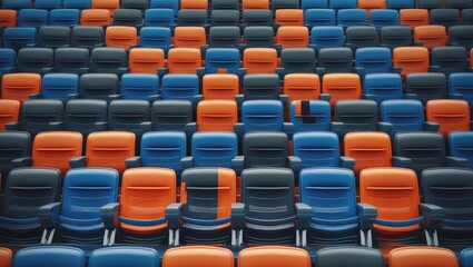 Fototapeta premium A vibrant and orderly arrangement of blue and orange chairs in a cinematic setting, showcasing a striking color contrast.