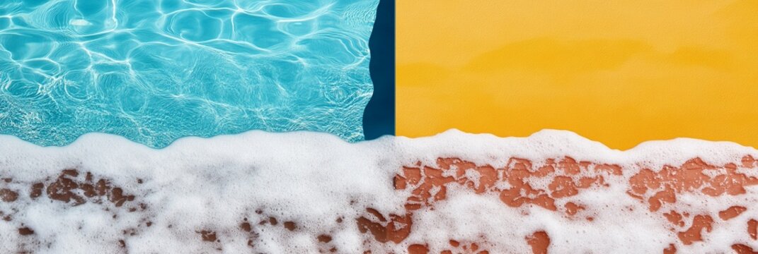 Turquoise water meets golden sand with delicate white foam and scattered reddish pebbles creating a mesmerizing abstract coastal landscape of contrasting colors and textures - Powered by Adobe