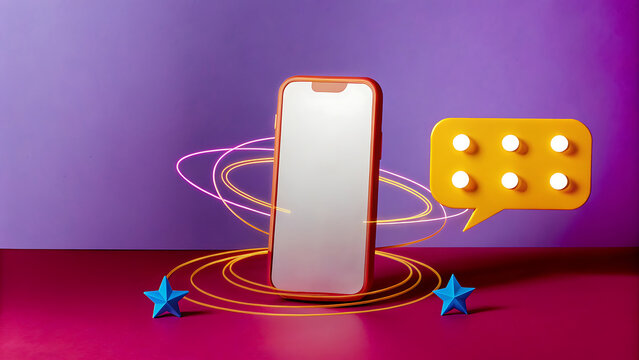 Modern Smartphone Mockup with Neon Effects and Chat Bubble