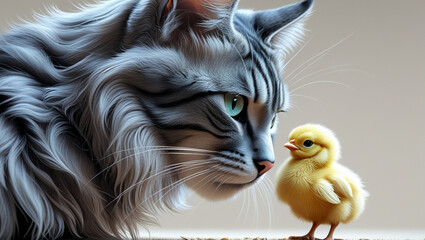 A gray cat carefully observes a tiny yellow chick. the unexpected friendships in the animal kingdom.