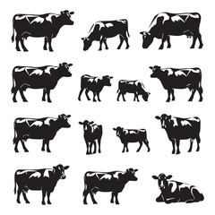 Cow Silhouette Vector Set – Farm Animal Poses and Grazing Cattle Collection