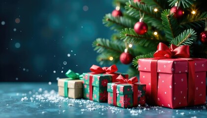 Colorful presents stacked under a Christmas tree, presents, snowflake