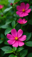 Obraz premium Colorful rose cosmos blooms on bright green leaves, green leaves, nature
