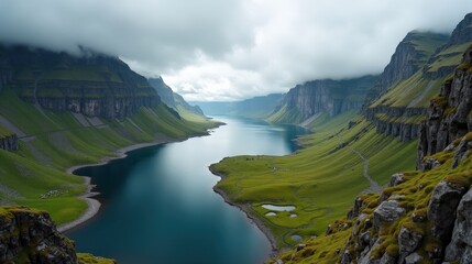 Obraz premium Norwegian scenery during midday with cloudy conditions, captured from a panoramic view, emphasizing the dramatic landscape.