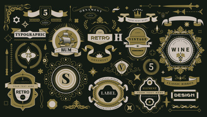 Frame logo. Ornament element, label wine decor. Ribbon banner retro. Sign border antique. Design vector badge of rum. Text flourish scroll. Flourish template
