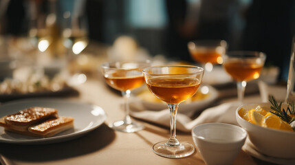 Fototapeta premium Elegant cocktail party stock photo: drinks, appetizers, and table setting for social gathering event