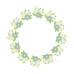 Floral wreath with blue daisies and green branches. Decorative botanical circle frame for design. Floral wreath with blue daisies and green leaves.