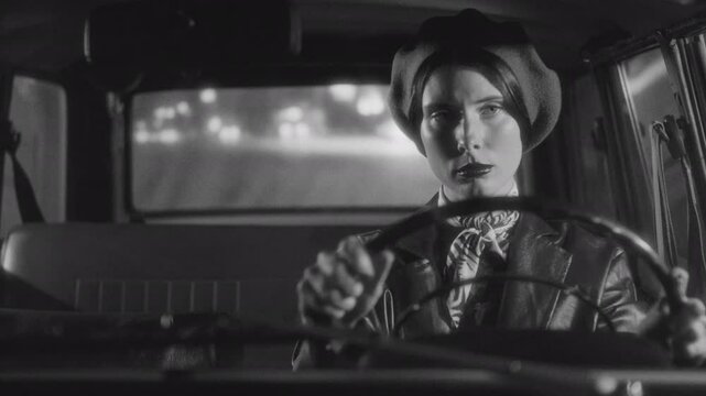 Beautiful woman in elegant retro outfit driving a vintage car on a city street at night. Black and white video portrait, classic film noir aesthetic