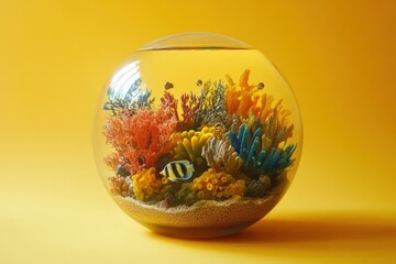 A decorative spherical fishbowl containing colorful artificial coral reefs