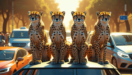 Four cheetahs sit atop a car in a city street...