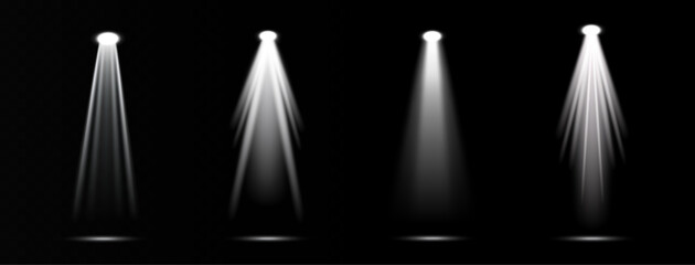 Four bright spotlights shine on a dark stage. The vector set of light includes a light source, studio lighting, walls, and a PNG. Finally, it includes light beams and a light effect.