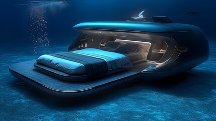 Underwater hotel room with bed & ocean view. Sea life around. For tourism or future homes