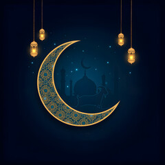 Ramadan Eid Mubarak Islamic Celebration with Crescent Moon and Lanterns. Eid al-Adha