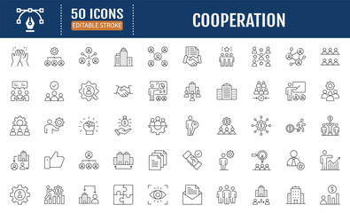 Cooperation line editable icon set. Containing Cooperation, Collaboration, Teamwork, Partnership, Alliance, Joint Effort, Synergy and more. Vector Illustration