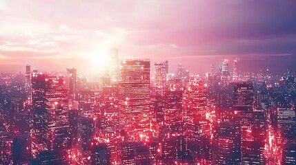 Obraz premium Urban cityscape at sunset illuminated buildings, ideal for futuristic or technological backgrounds